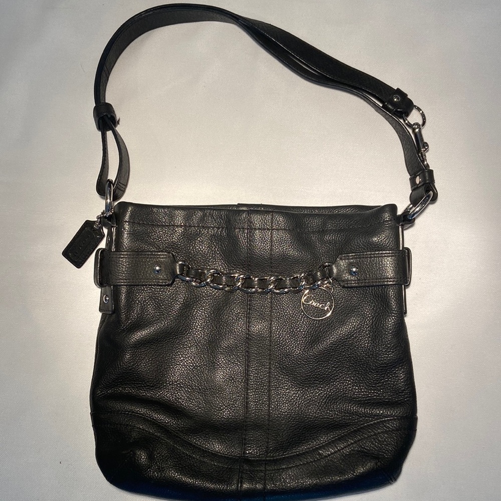 Coach Black Pebble Leather with Silver Chain Handbag